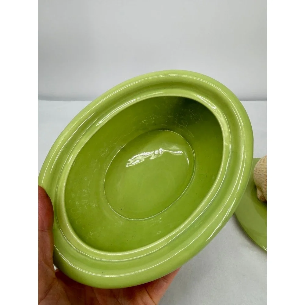 Hallmark Candy Dish Bunny Rabbit Topper Green Basketweave Spring Decor Easter